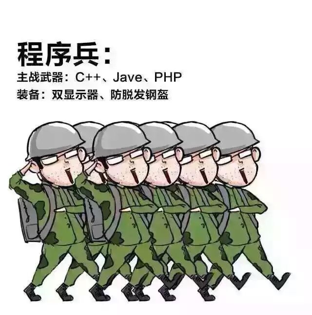 程序兵主战武器：C++、Jave、PHP;程序兵装备：双显示器、防脱发钢盔