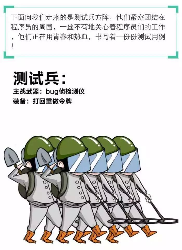 测试兵主战武器：BUG侦检测仪;测试兵装备：打回重做令牌