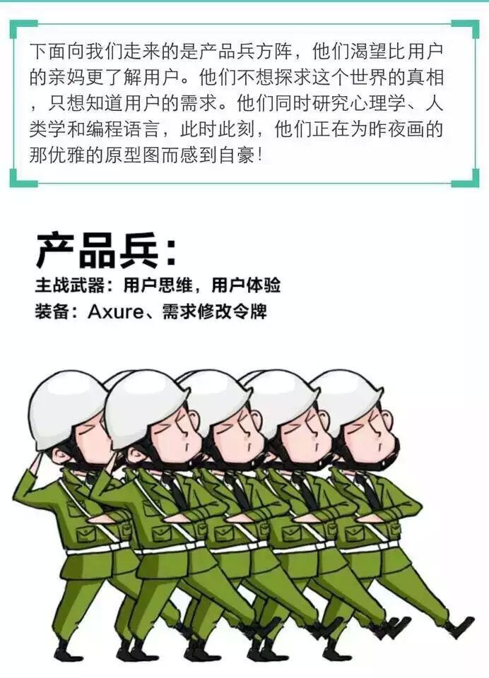 产品兵主战武器：用户思维、用户体验;产品兵装备：Axure、需求修改令牌