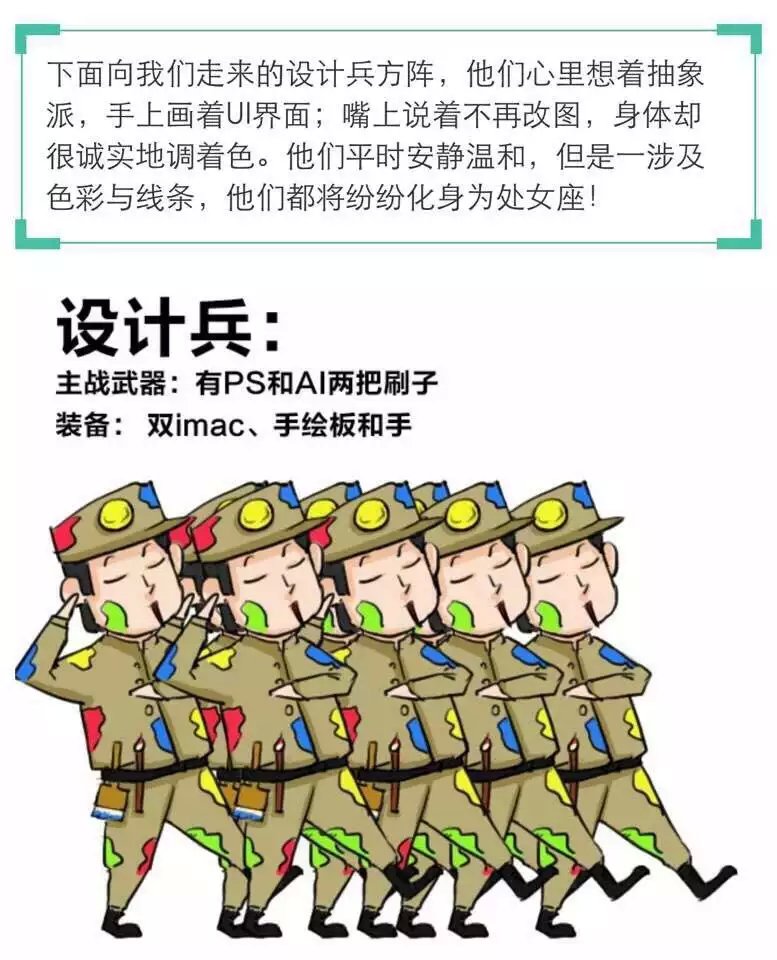 设计兵主战武器：随身携带PS和AI两把刷子;设计兵装备：双imac、手绘板